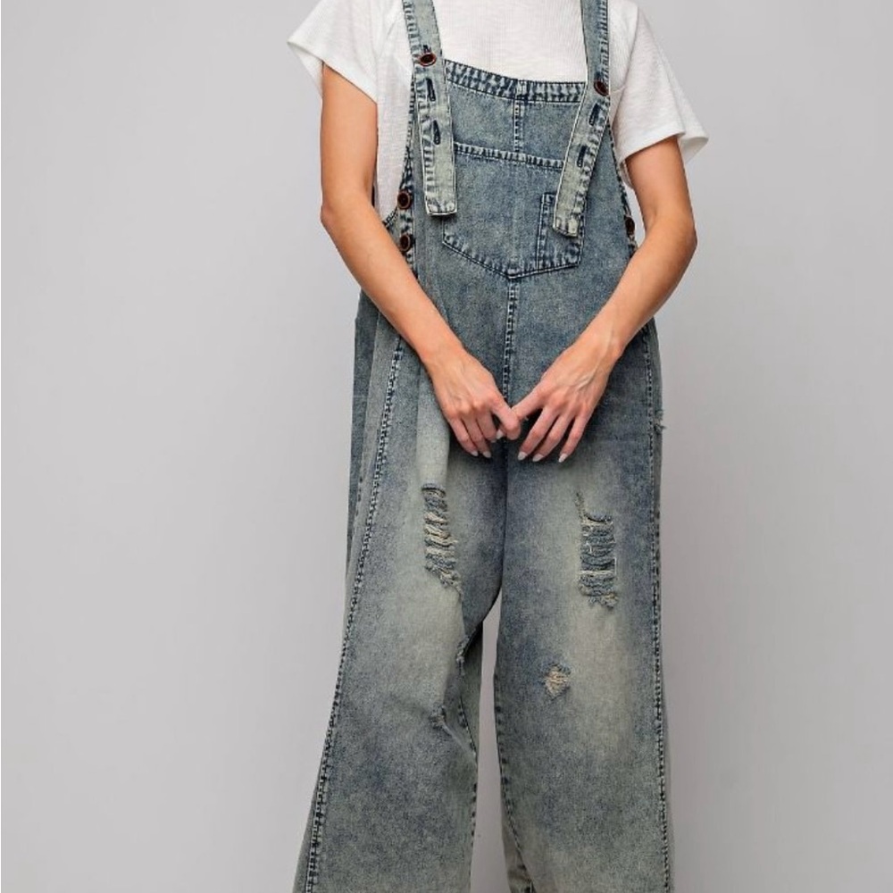 Easel Distressed WASHED DENIM OVERALLS